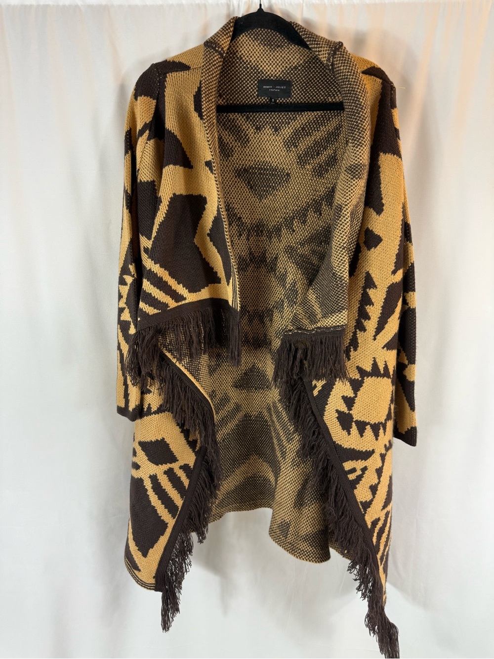 Romeo & Juliet Couture Brown and Tan Aztec Fringe Open Cardigan size:S